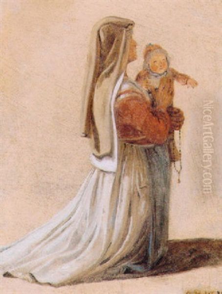 Bondekone Fra Roms Omegn Knaelende Med Sit Barn Pa Armen Oil Painting by Constantin Hansen