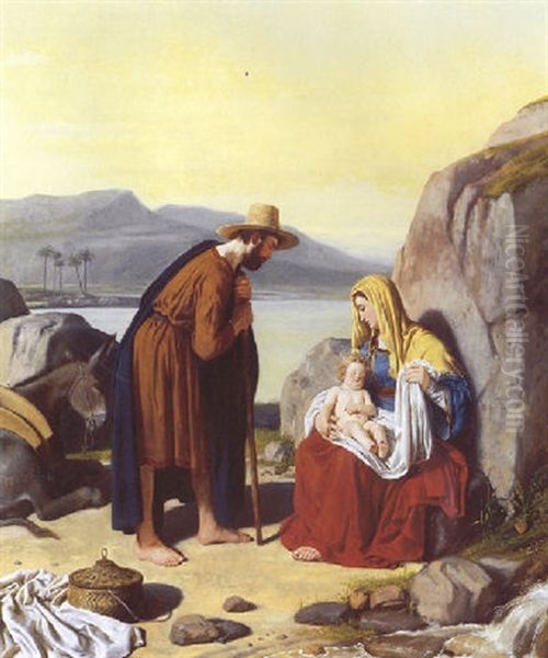 Flugten Til Aegypten Oil Painting by Constantin Hansen