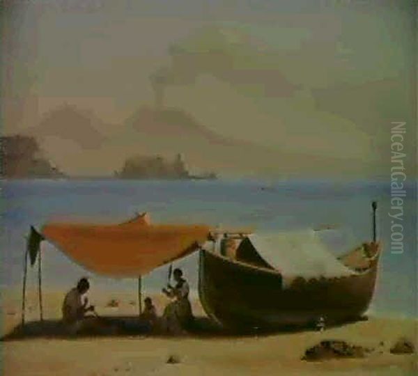 Udsigt Fra Dell'annunciate. Golfen Med Vesuv I Baggrunden Oil Painting by Constantin Hansen