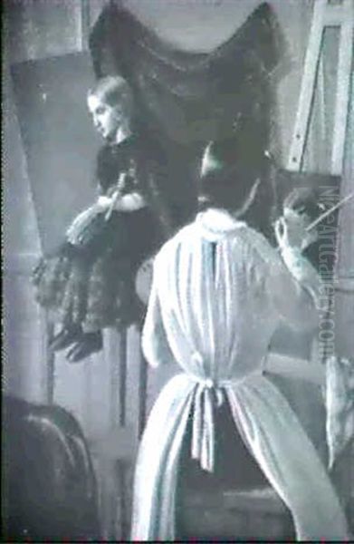 En Ung Kunstnerinde Maler Et Portraet                       Af En Lille Pige Med Sin Dukke Oil Painting by Constantin Hansen