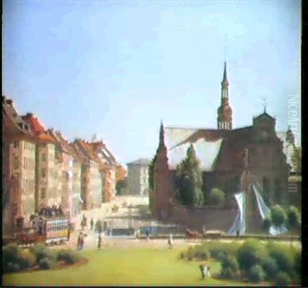 Udsigt Over Slotspladsen Og Holmens Kirke Fra Et Vindue Pa  Christiansborg Oil Painting by Constantin Hansen