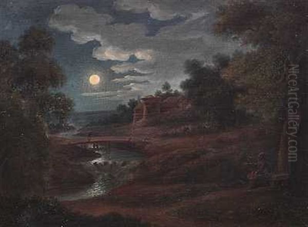 Romantisk Landskab Med Fuldmanen Lysende Over En Flod Oil Painting by Hans Hansen
