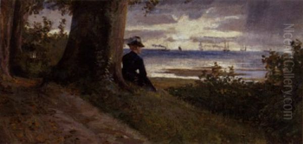Dame, Der Nyder Udsigten Over Havet Oil Painting by Hans Nikolaj Hansen