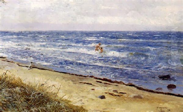 Strandparti Fra Tisvilde, Med Badende Moder Og Barn Oil Painting by Hans Nikolaj Hansen