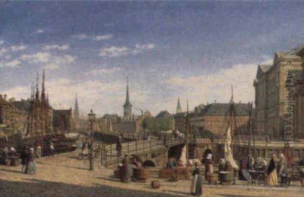 Fra H+jbro Plads, Gammel Strand Og Christiansborg Oil Painting by Heinrich Hansen