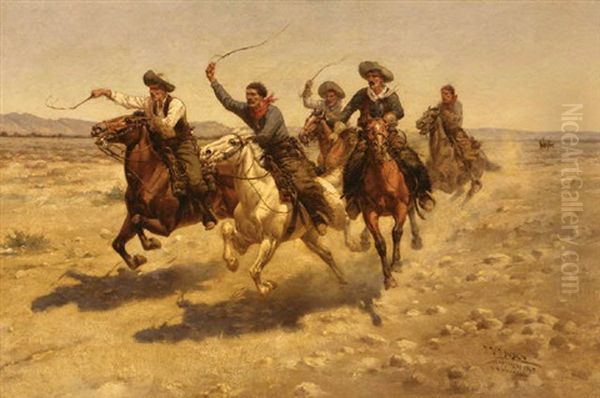 Cowboy Race Oil Painting by Herman Wendelborg Hansen