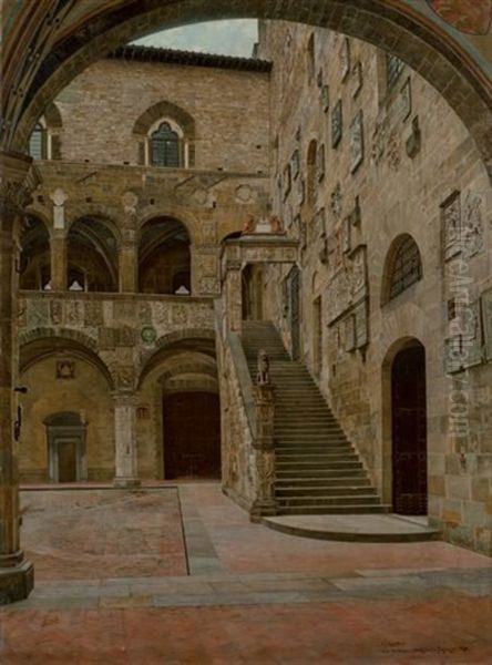 Vue De La Cour Interieure Du Bargello Oil Painting by Josef Theodor Hansen