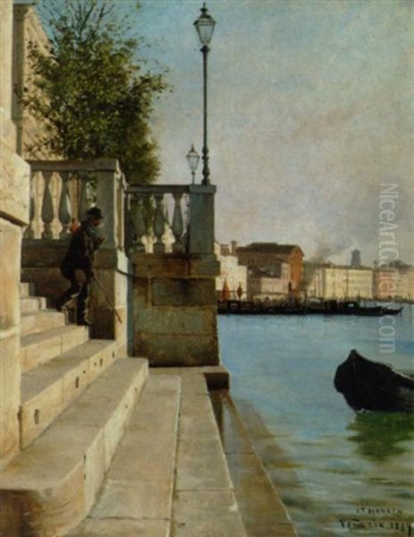 Giardino Cale. Veneziansk Kanalparti Med Med Gondolholdeplads I Baggrunden Oil Painting by Josef Theodor Hansen