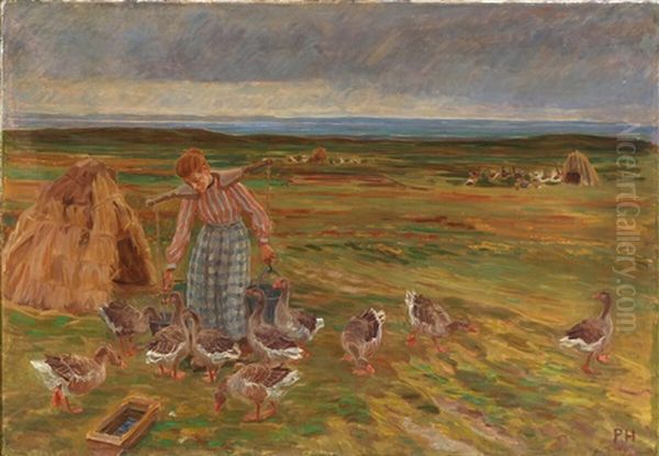 Landscape From Faaborg With A Young Woman Feeding The Geese Oil Painting by Peter Marius Hansen