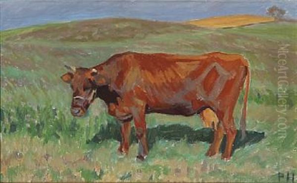 A Red Danish Cow Oil Painting by Peter Marius Hansen