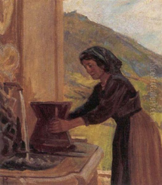 Italienerinde Henter Vand Ved En Brond Oil Painting by Peter Marius Hansen