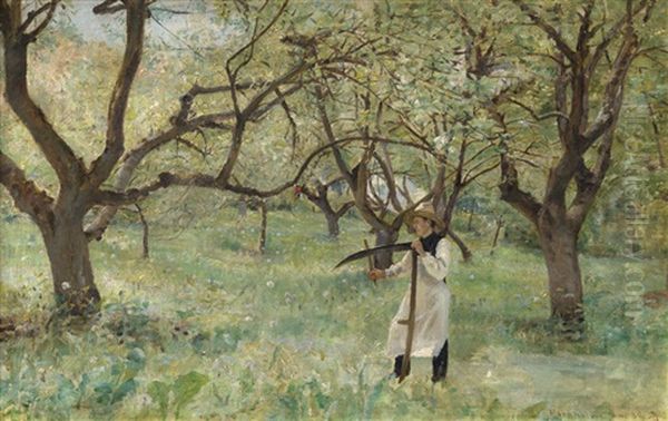 Sommerlicher Obsthain Mit Einem Jungen Mann Bei Der Feldarbeit Oil Painting by Sigvard Hansen