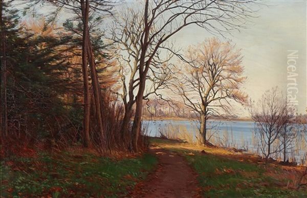 Sunny Autumn Day Near A Forest Lake Oil Painting by Sigvard Hansen