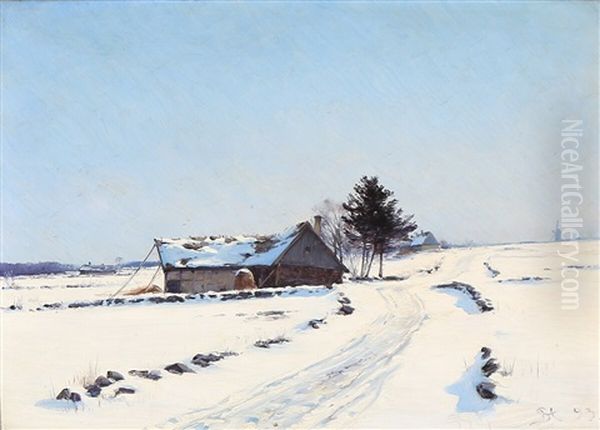 Snow-covered Landscape With A Farm Oil Painting by Sigvard Hansen