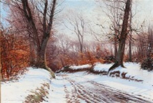 A Snow-covered Forest Lane Oil Painting by Sigvard Hansen