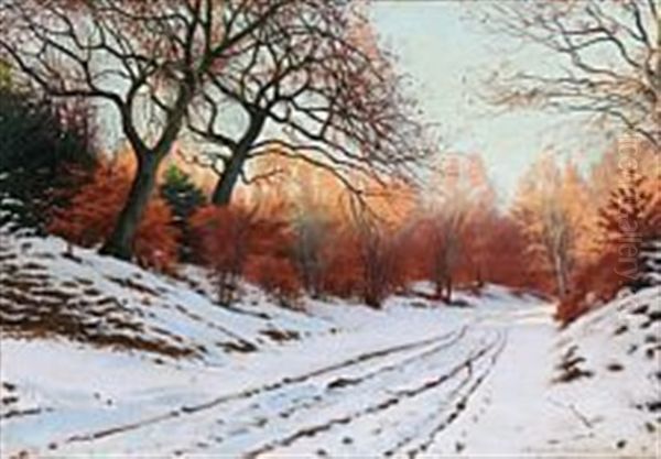 An Evening In The Forest A Winter Day Oil Painting by Sigvard Hansen