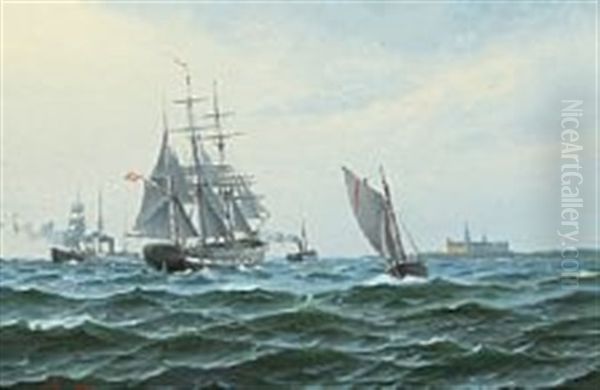 Warship With Pilot With Kronborg Castle On The Starboard Oil Painting by Sigvard Hansen