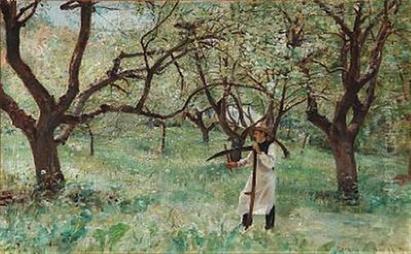 In Harvest Time, A Man Sharpening His Scythe Oil Painting by Sigvard Hansen