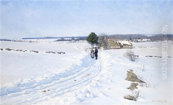 The Meeting, Snow Scene Oil Painting by Sigvard Hansen