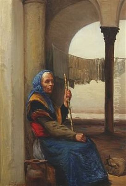Italian Woman Sitting Under An Arch Oil Painting by Sigvard Hansen