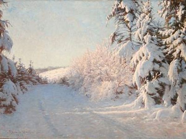 Winter Landscape In The Red Glow Of The Evening Sun Oil Painting by Sigvard Hansen