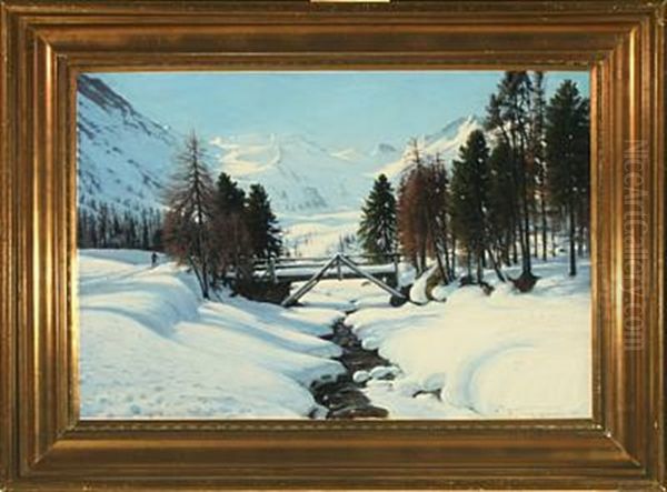 A Snow Covered Landscape In Oberengadin, Switzerland Oil Painting by Sigvard Hansen