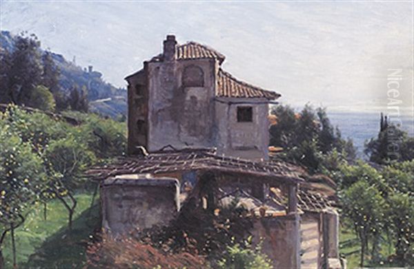 Blick Von Der Hohe Auf Malerisches Anwesen An Einem Sonnigen Fruhlingsmorgen, Im Hintergrund Das Meer Oil Painting by Sigvard Hansen