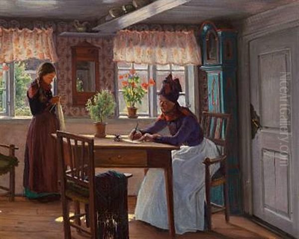 Interior With Two Girls From The Danish Island Of Fano Oil Painting by Sigvard Hansen