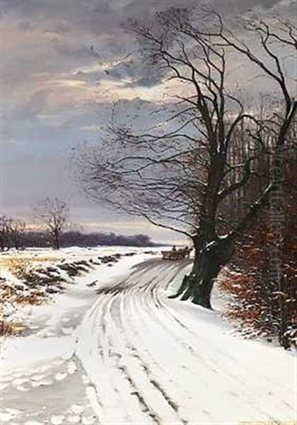 Snedaekket Vej Med Hestevogn Oil Painting by Sigvard Hansen