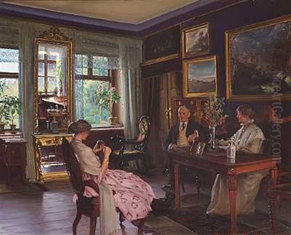 Familien Dahl I Dagligstuen Pa Moesgaard Oil Painting by Sigvard Hansen