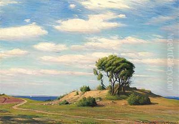 Et Sommerlandskab Fra Moesgaard Med Gaes Ved En Gravhoj Oil Painting by Sigvard Hansen