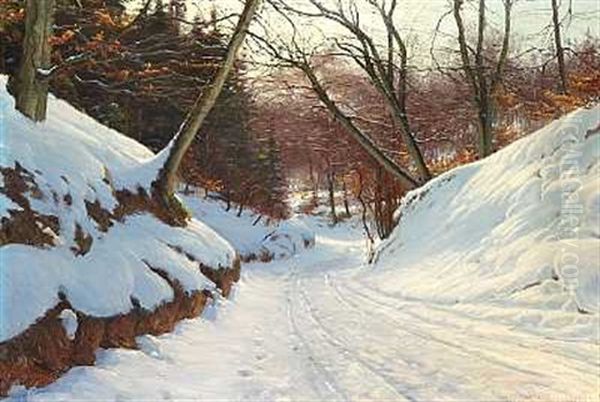 Vinterlandskab Fra Radvad Med Vej Igennem Skoven Oil Painting by Sigvard Hansen