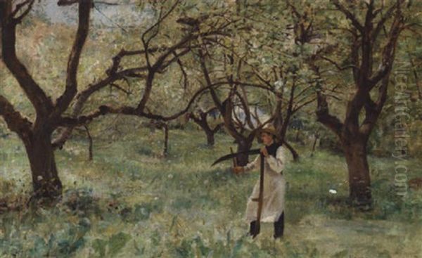 Ung Mand, Der Hvasser Leen I En Frugtplantage Oil Painting by Sigvard Hansen