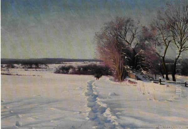 Vidstrakt Vinterlandskab, Solskin Oil Painting by Sigvard Hansen