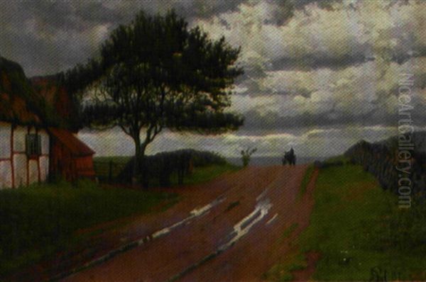 Hestevogn Pa En Regnvad Vej Oil Painting by Sigvard Hansen
