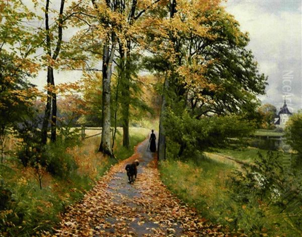 Spadserenade Dame Med Hund I En Park, Efterar Oil Painting by Sigvard Hansen