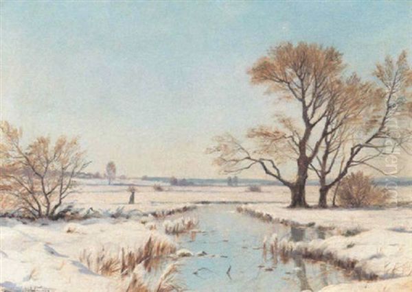 Vinterdag Med Alob Gennem Sneklaedt Landskab Oil Painting by Sigvard Hansen