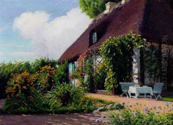 Sommerdag I Haven Med Blomstrende Roser Og Stauder Uden For Den Strataekte Gard Oil Painting by Sigvard Hansen