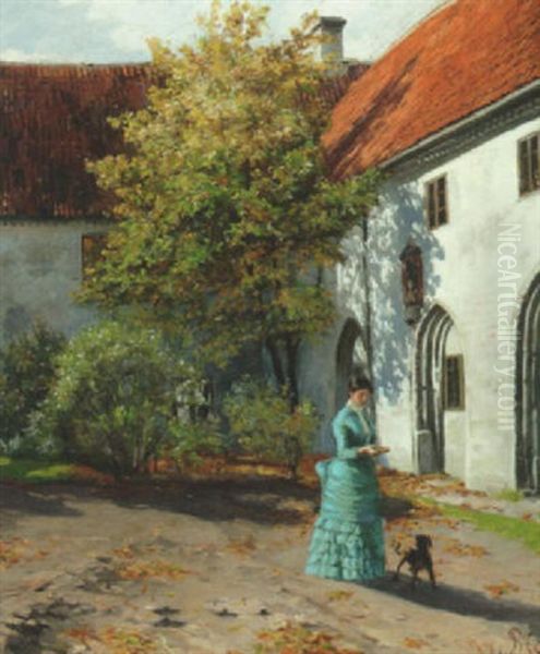 En Ung Pige Med En Hund I Fratergarden I Karmelitterklostret, Helsingor Oil Painting by Sigvard Hansen