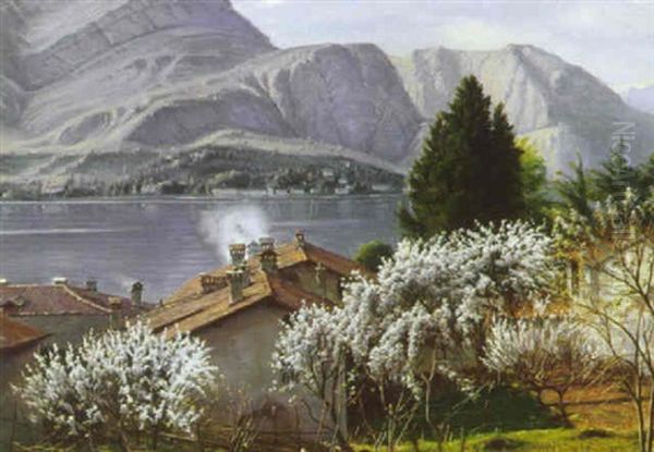 Parti Fra Lago De Como, Med Huse Og Udsigt Til Soen, I Forgrunden Blomstrende Frugttraeer Oil Painting by Sigvard Hansen