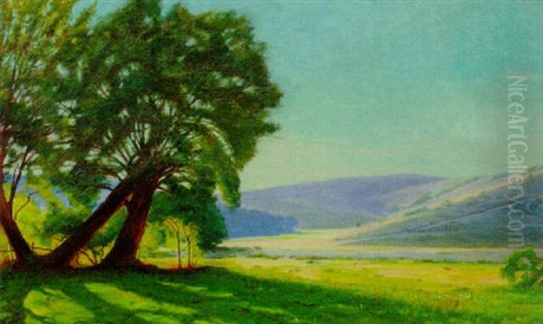 A Sunlit Summer Landscape Oil Painting by Sigvard Hansen