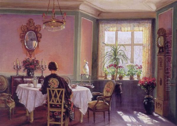 Interior Fra Den Rosa Stue Med Ung Pige Og Kakadue Oil Painting by Sigvard Hansen