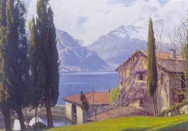 Parti Fra Gardasoen Med I Forgrunden Huse Oil Painting by Sigvard Hansen