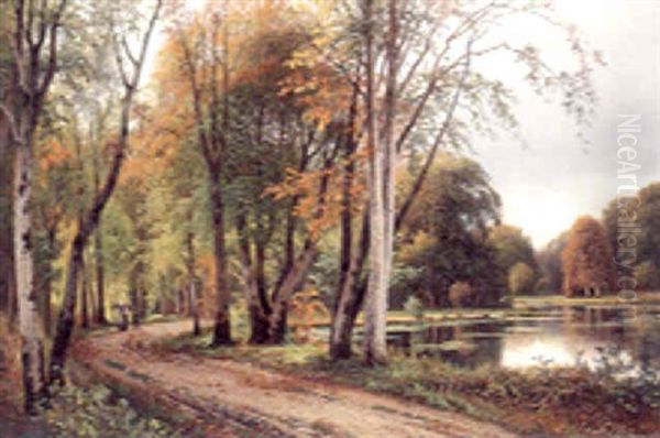 Faggot Gatherers On A Track In A Wooded River Landscape Oil Painting by Sigvard Hansen