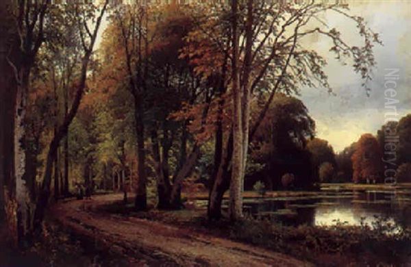 Skovparti Med So Og Figurer Oil Painting by Sigvard Hansen