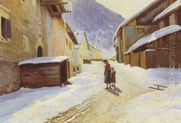 Gadeparti Med To Smapiger, Vinter Oil Painting by Sigvard Hansen