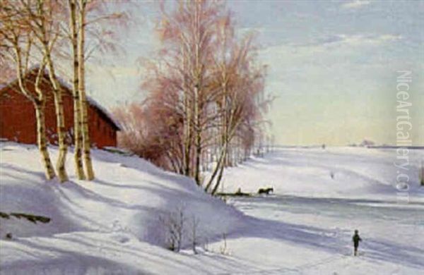 Vinterdag Med Slaedekorsel Og Skilober Oil Painting by Sigvard Hansen