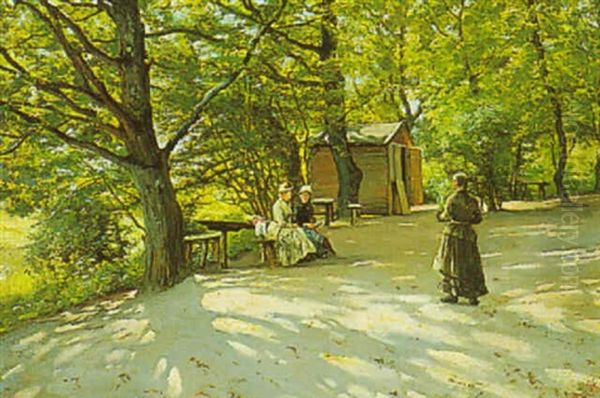 Ladies Having Tea In A Forest Oil Painting by Sigvard Hansen