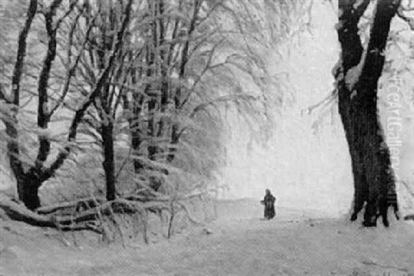 Vinterskog Med Promenerande Kvinna Oil Painting by Sigvard Hansen