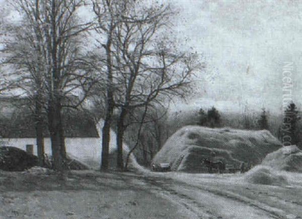 Der Stakkes Ho, Parti Med Bondemand Og Hestekoretoj Ved En  Bondegard Oil Painting by Sigvard Hansen